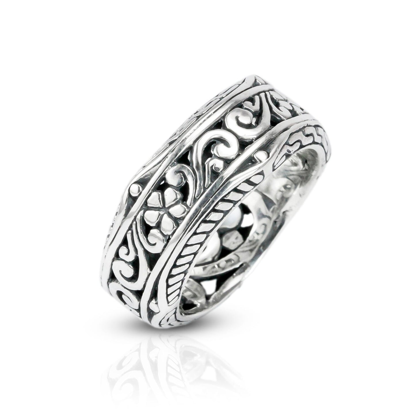 Eternity wide band ring 925 sterling silver decorated with filigree ornament full side carving