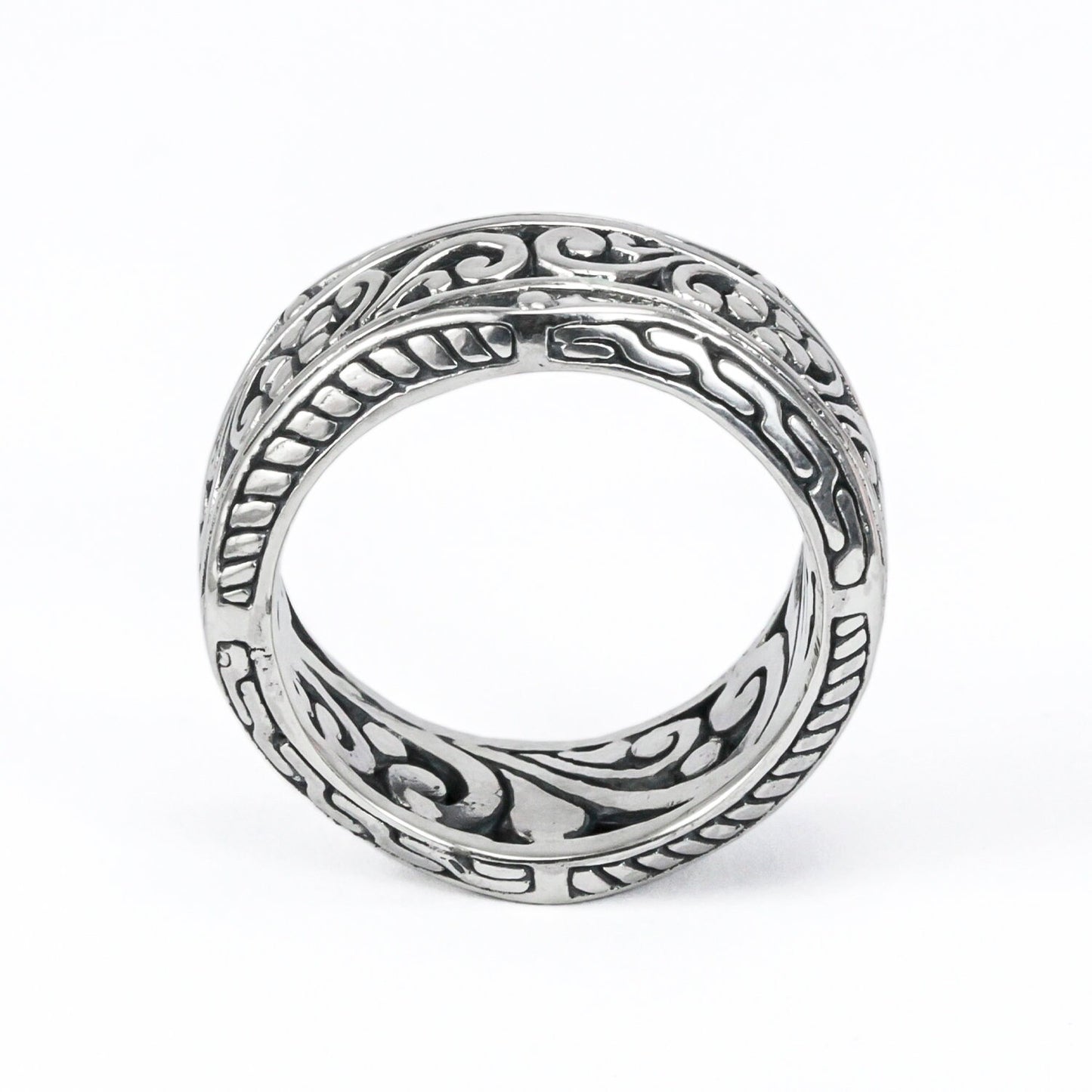 Eternity wide band ring 925 sterling silver decorated with filigree ornament full side carving