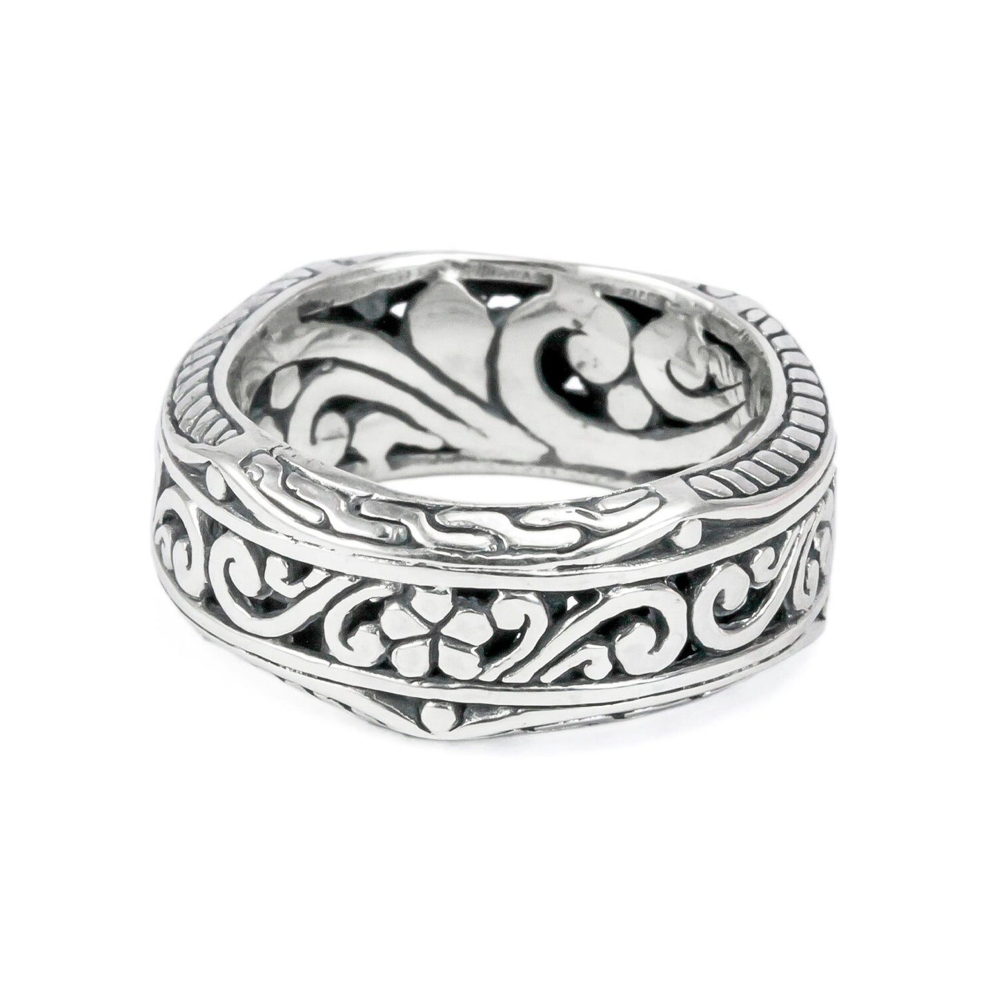 Eternity wide band ring 925 sterling silver decorated with filigree ornament full side carving