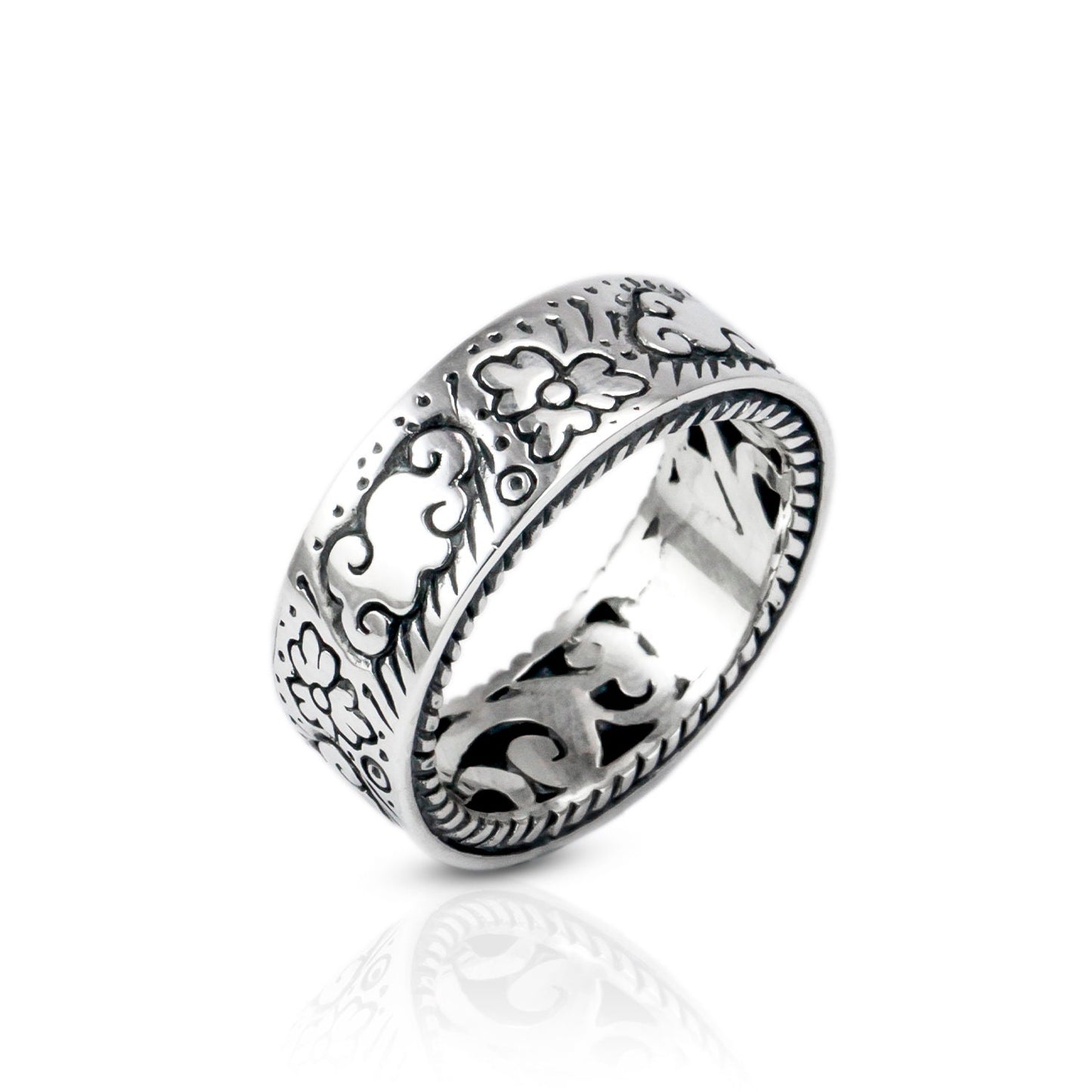 Eternity wide band ring unisex 925 sterling silver decorated with filigree ornament full side carving