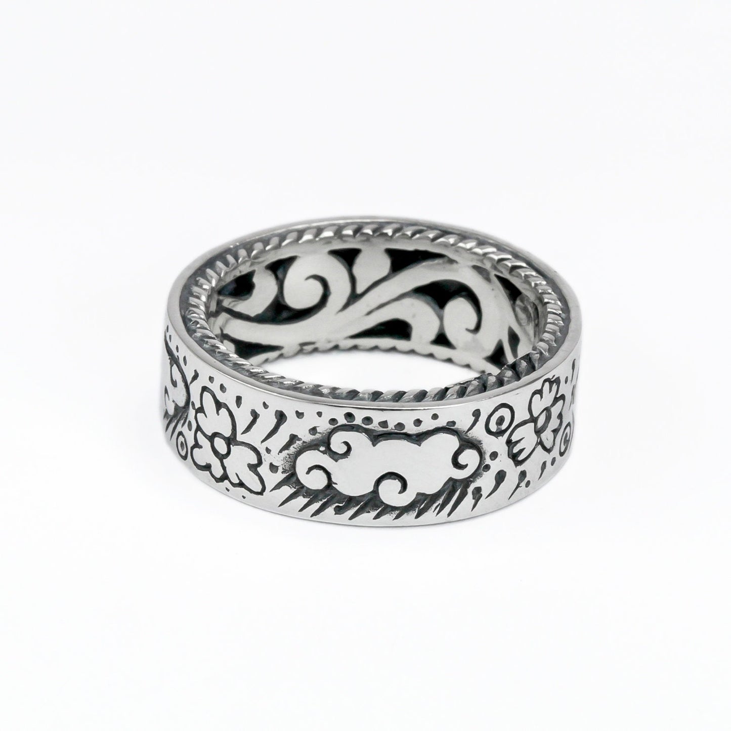 Eternity wide band ring unisex 925 sterling silver decorated with filigree ornament full side carving