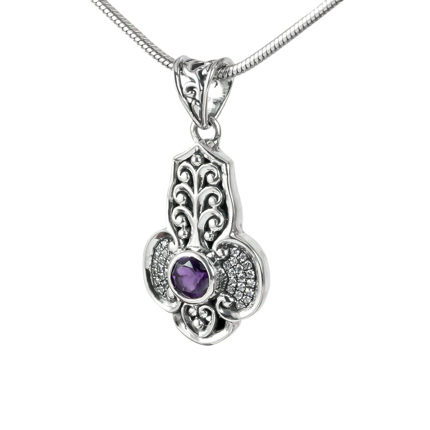 amethyst pendant 925 sterling silver decorated with filigree art and white topaz pave