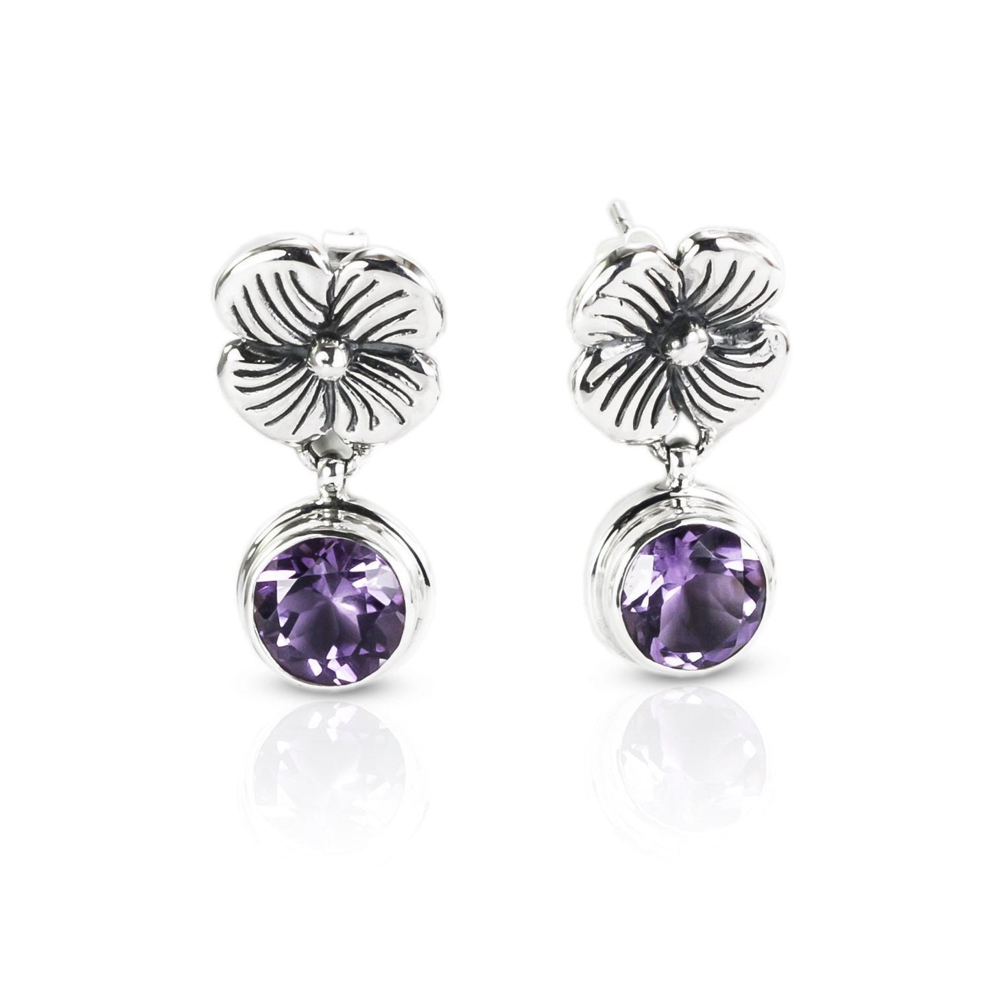 flower earrings studs dangle with genuine round 7 mm Amethyst