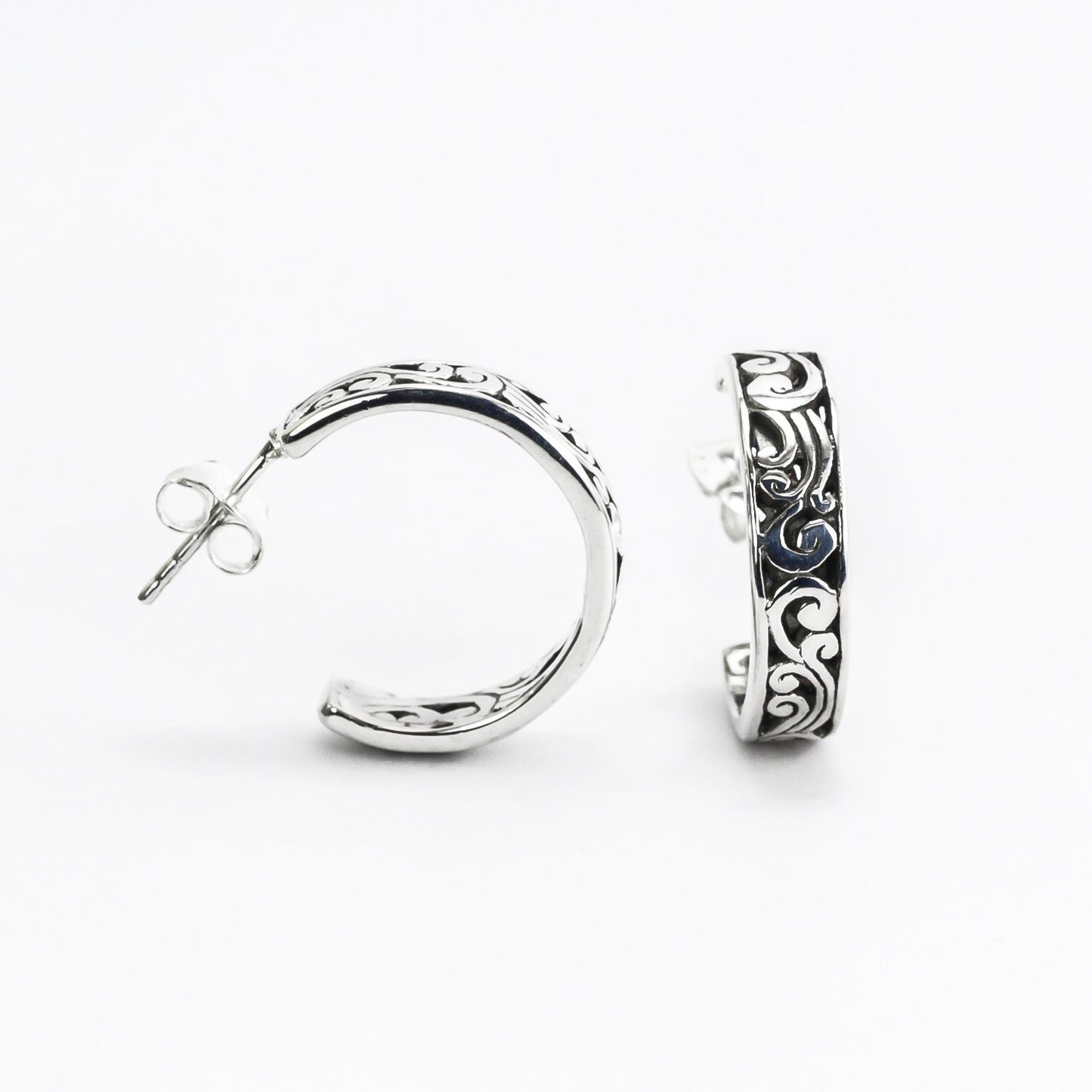 Earrings Hoop 925 sterling silver decorated with Swirl Filigree art and push back closure for women