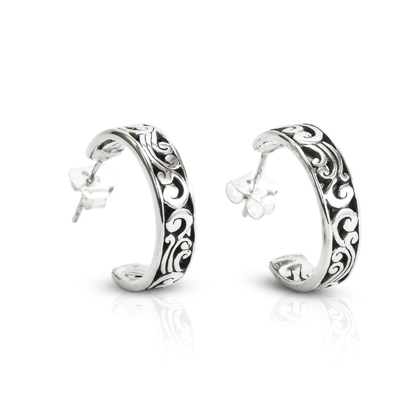 Earrings Hoop 925 sterling silver decorated with Swirl Filigree art and push back closure for women