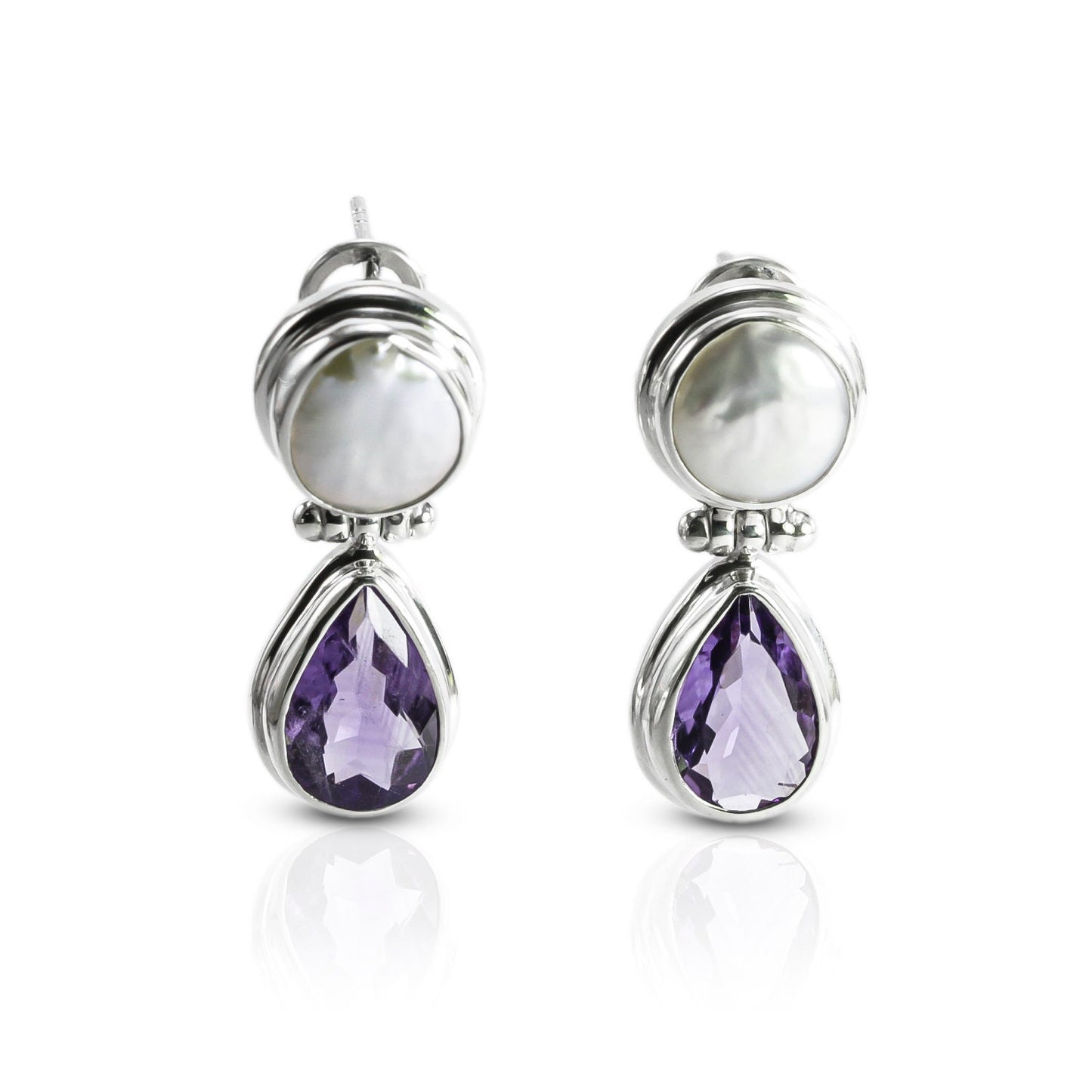 amethyst earrings stud 925 sterling silver with genuine baroque pearl omega closure