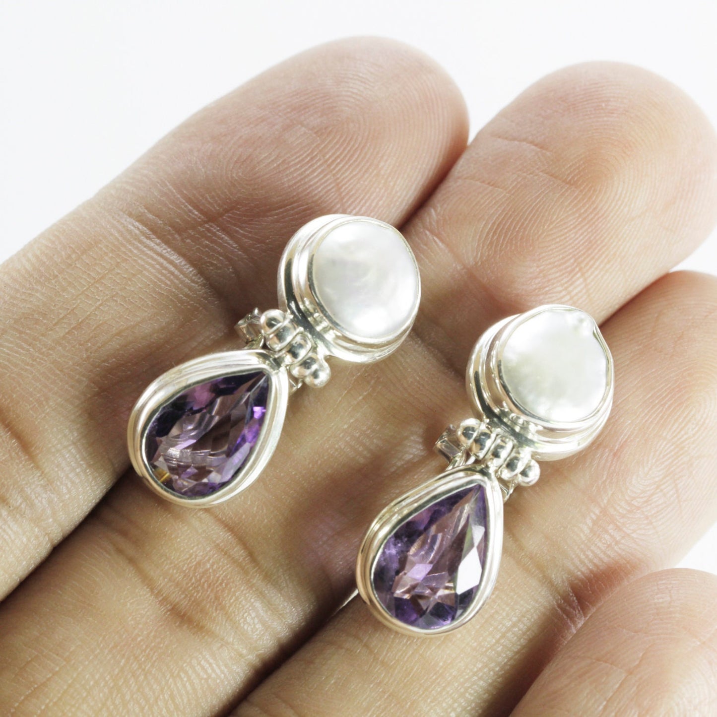 amethyst earrings stud 925 sterling silver with genuine baroque pearl omega closure
