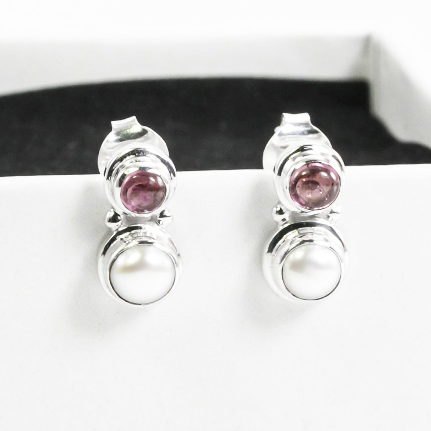 freshwater pearl earrings stud set in 925 sterling silver with genuine pink tourmaline