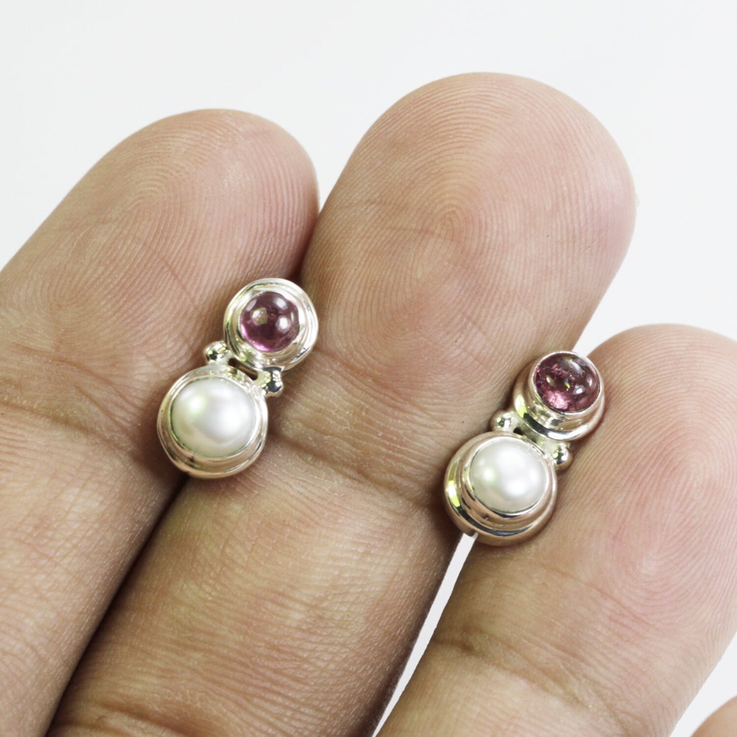 freshwater pearl earrings stud set in 925 sterling silver with genuine pink tourmaline