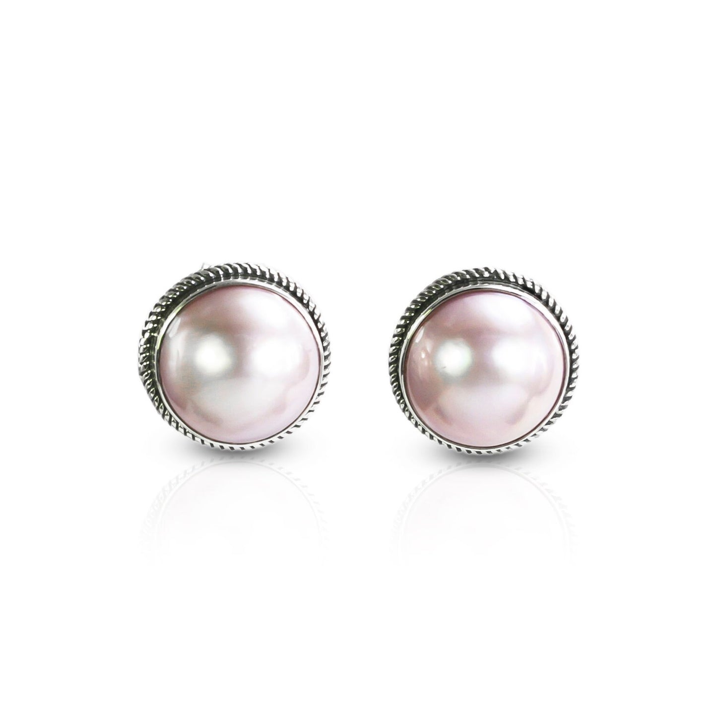 Pink mabe pearl stud earrings set in 925 sterling silver decorated with woven chain edge