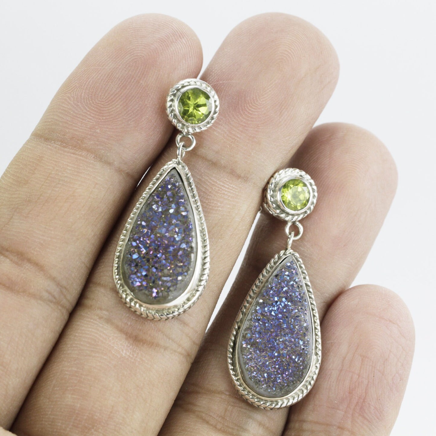 Druzy stud earrings set in 925 sterling silver with genuine peridot, peridot studs earrings dangle