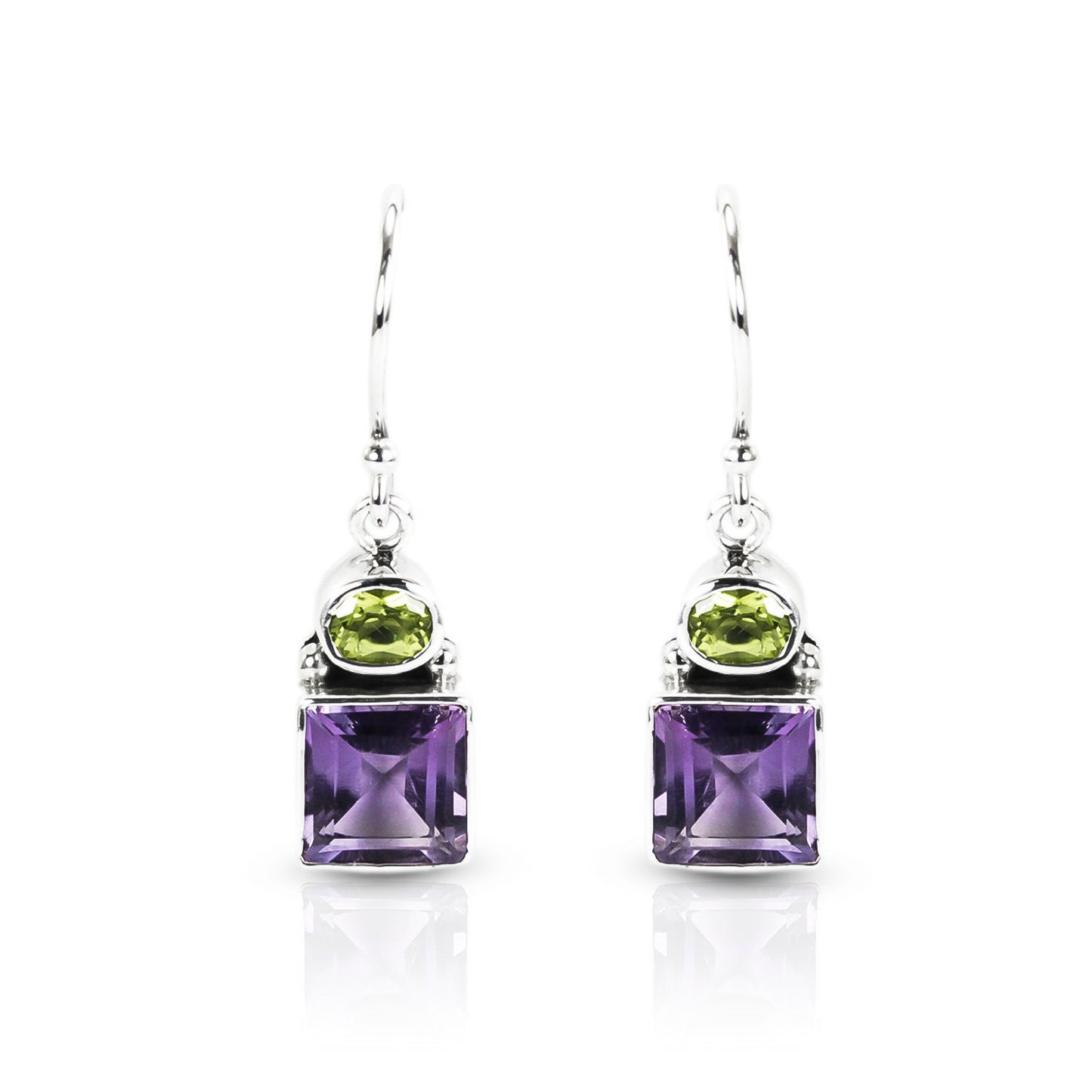 Amethyst earrings with peridot 925 sterling silver dangle drop, two stone earrings