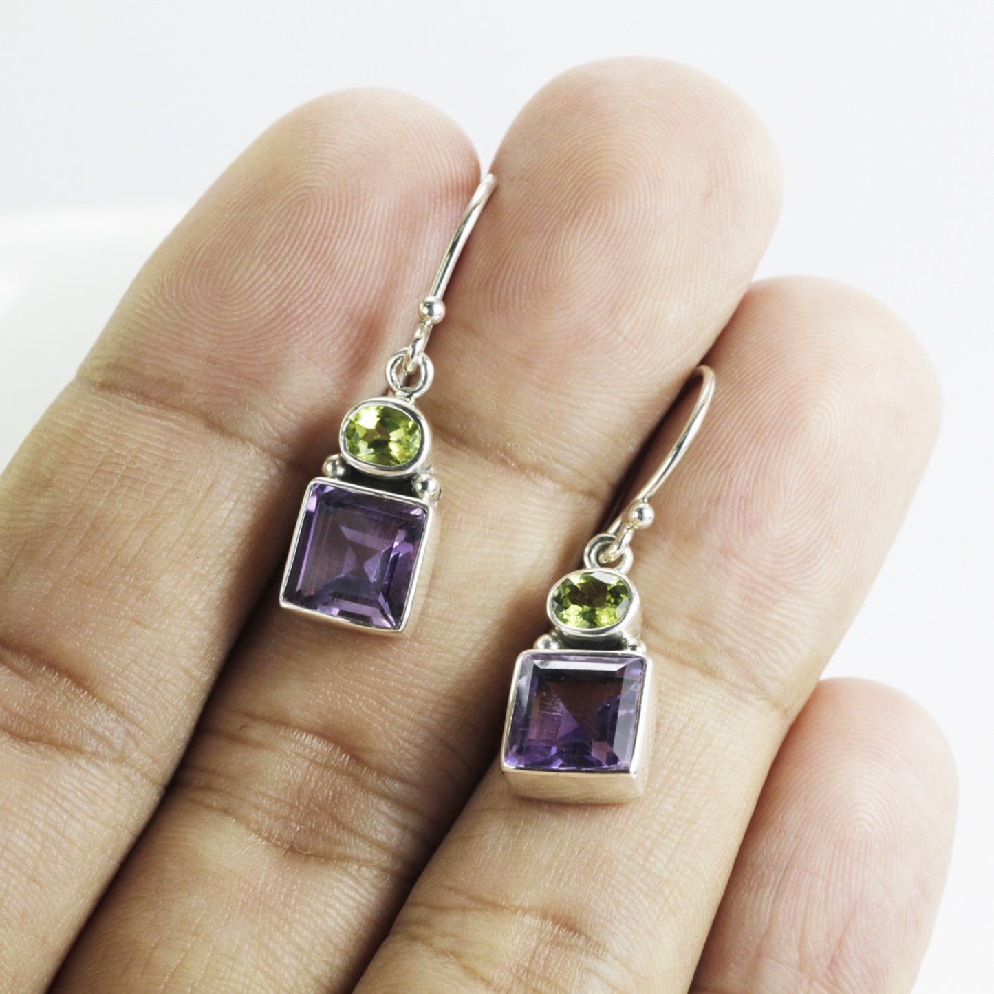 Amethyst earrings with peridot 925 sterling silver dangle drop, two stone earrings