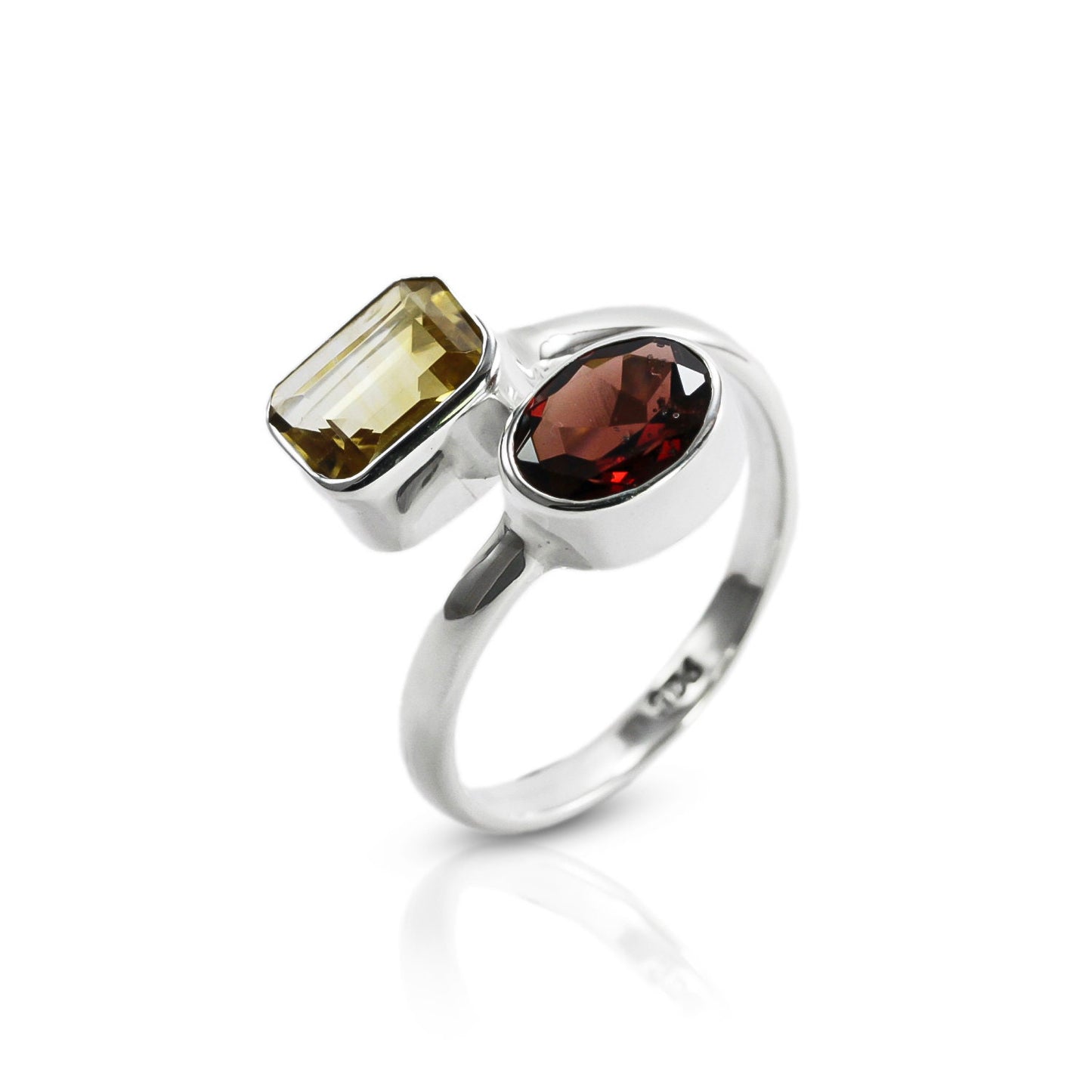 bypass ring with genuine stone set in 925 sterling silver, adjustable promise ring