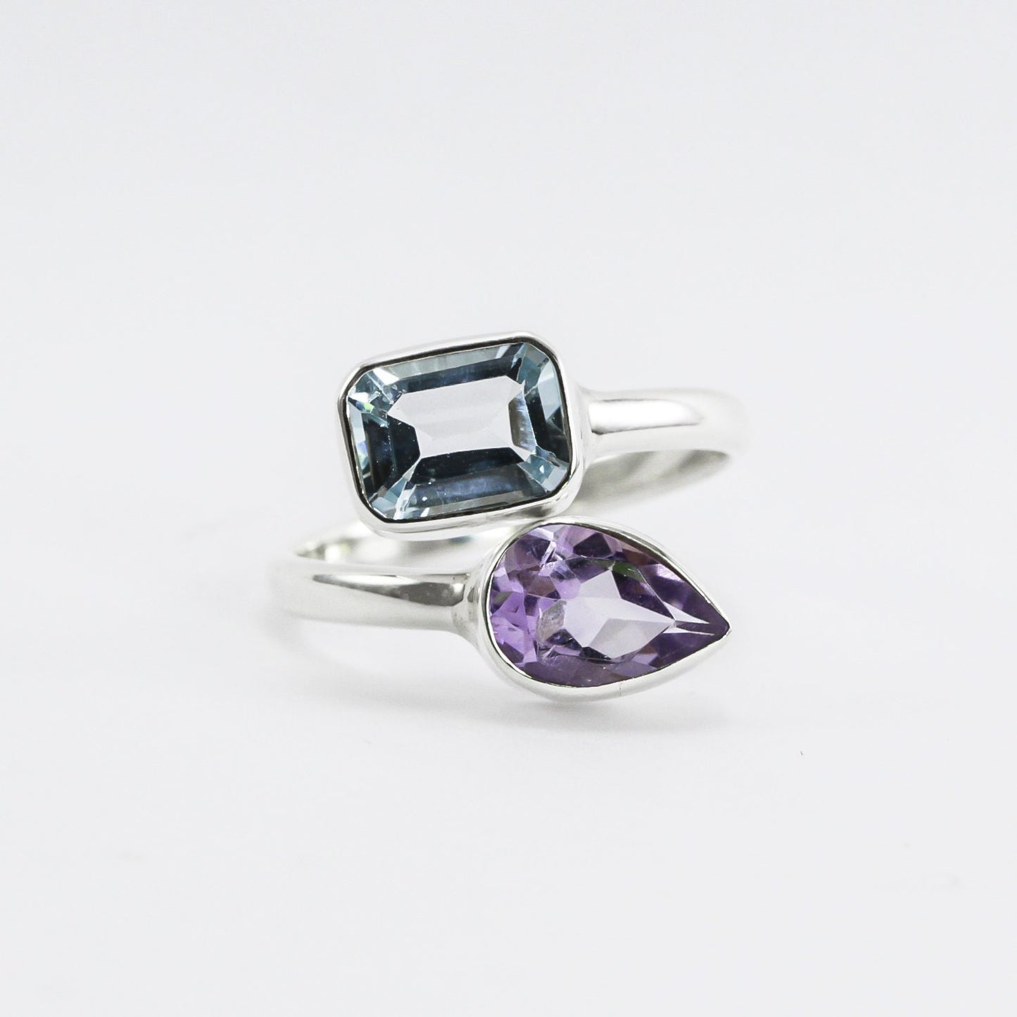 bypass ring with genuine stone set in 925 sterling silver, adjustable promise ring