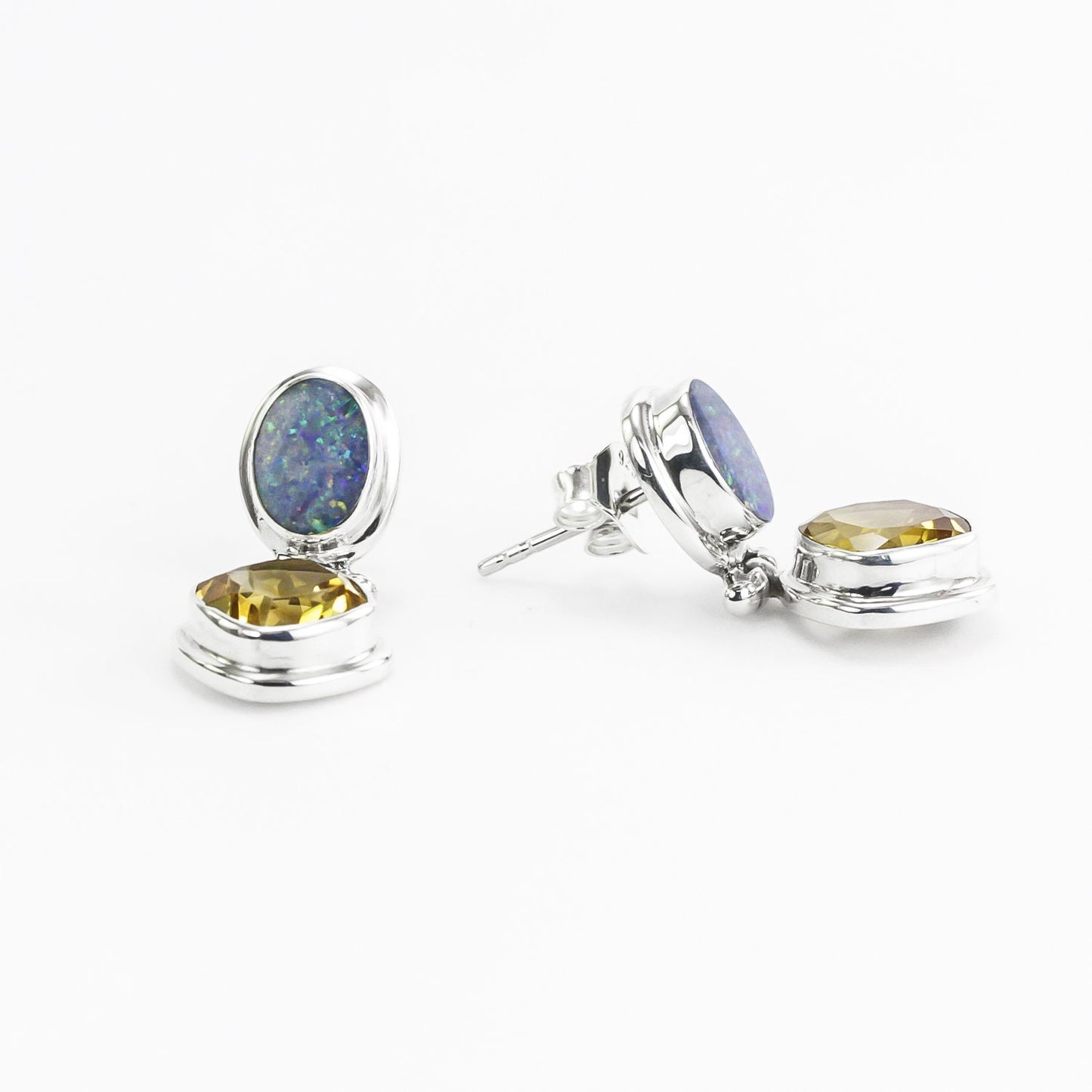 Australian Opal Earrings Studs 925 sterling silver Dangle with Premium yellow Citrine double bezel set and push back closure
