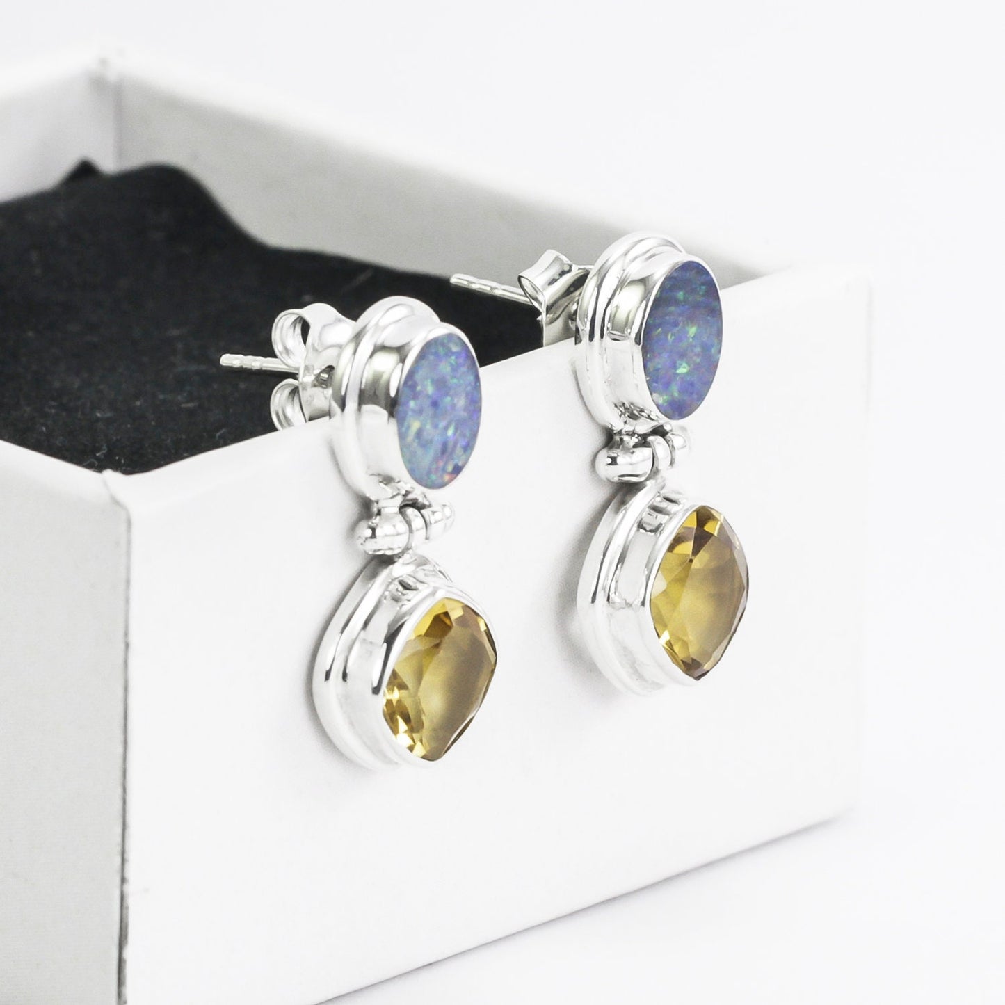 Australian Opal Earrings Studs 925 sterling silver Dangle with Premium yellow Citrine double bezel set and push back closure