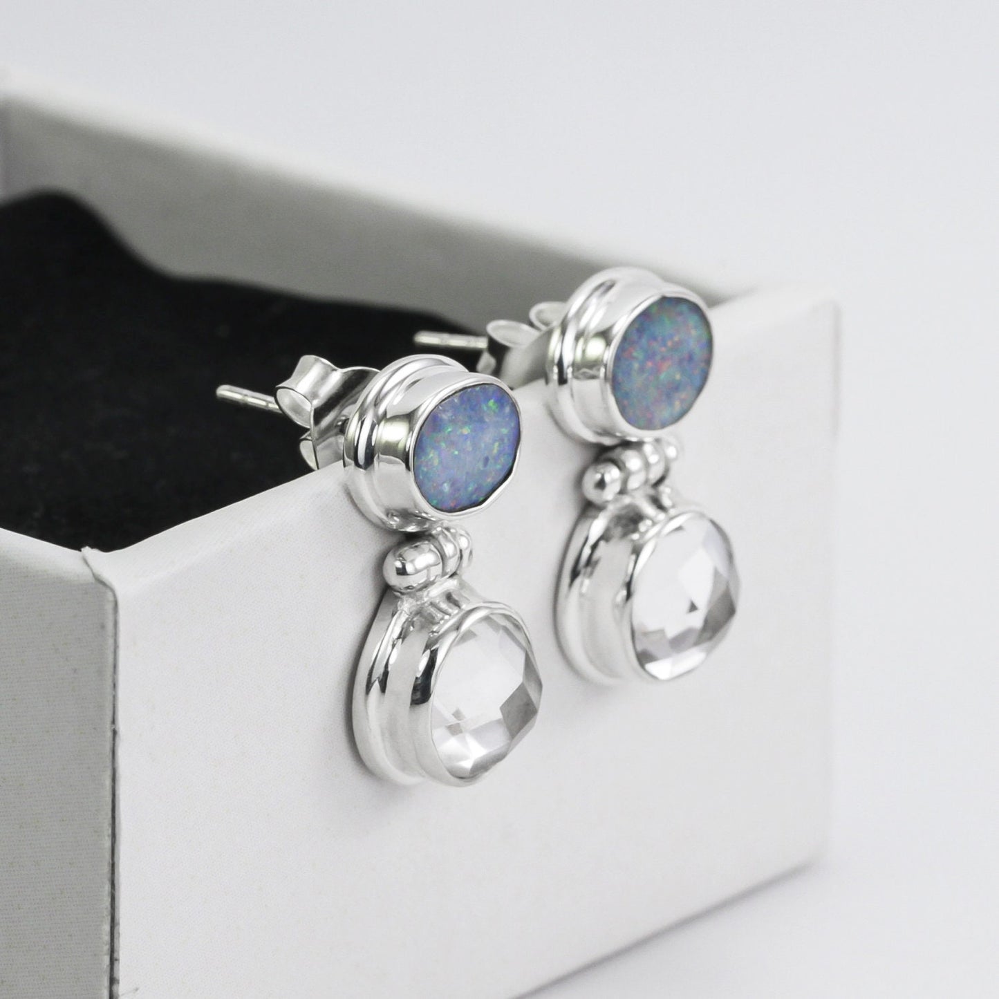 Opal Stud Earrings 925 sterling silver with Natural Crystal Clear double bezel set dangle drop
