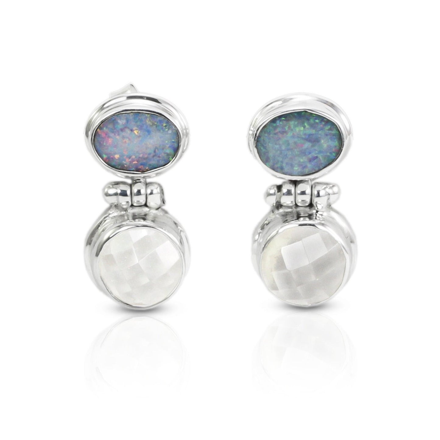 Opal Stud Earrings 925 sterling silver with Natural Crystal Clear double bezel set dangle drop
