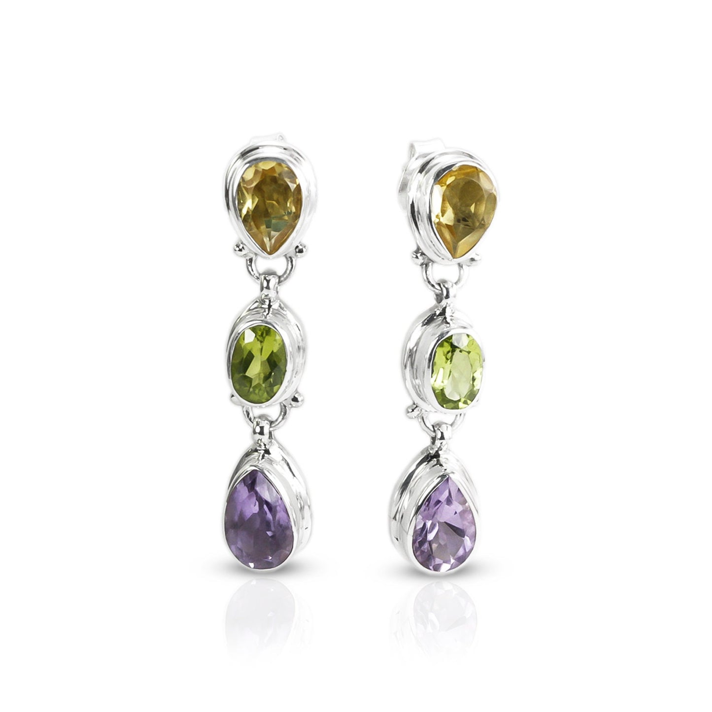 Multi color stones earrings studs dangle drop set in 925 sterling silver double bezel