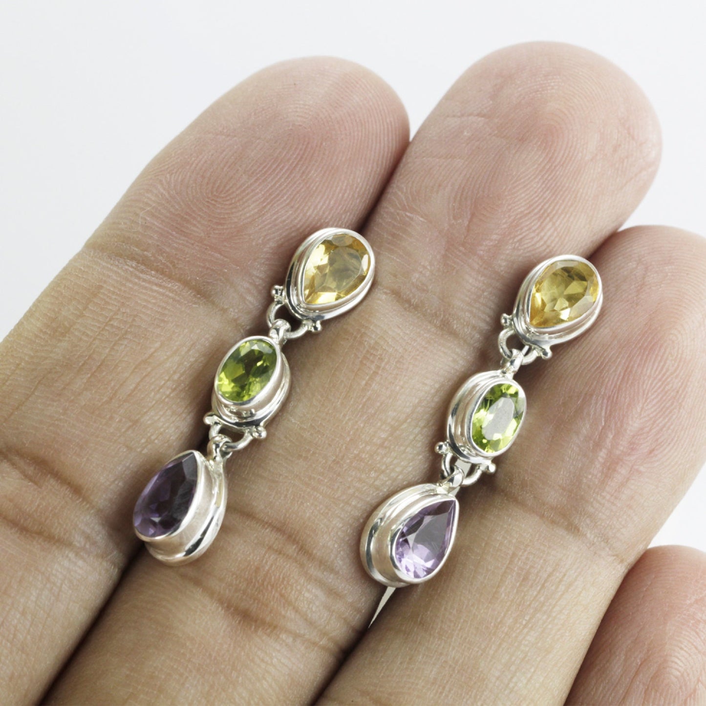 Multi color stones earrings studs dangle drop set in 925 sterling silver double bezel