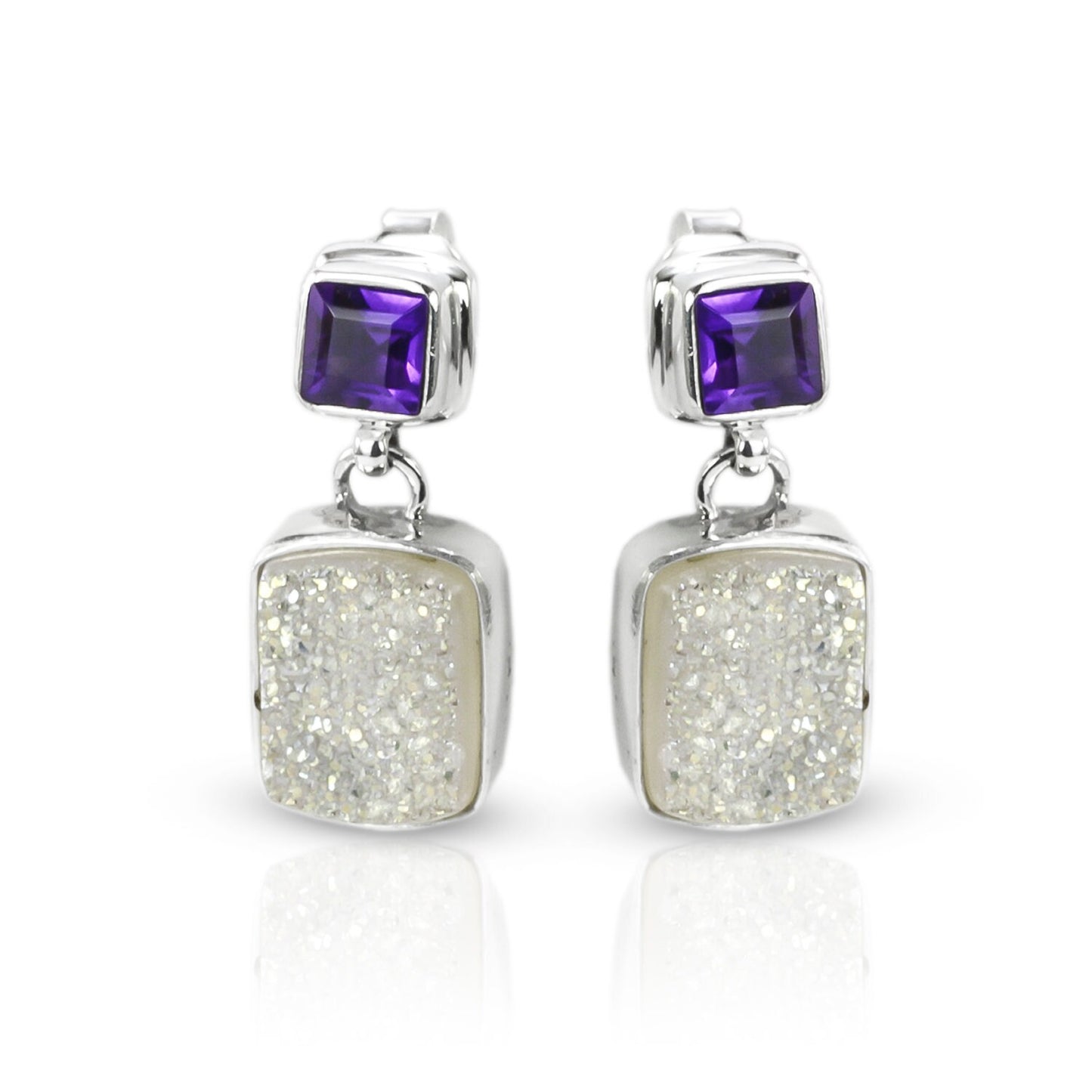Druzy Earrings stud dangle set in 925 sterling silver with natural amethyst, two stone earrings studs
