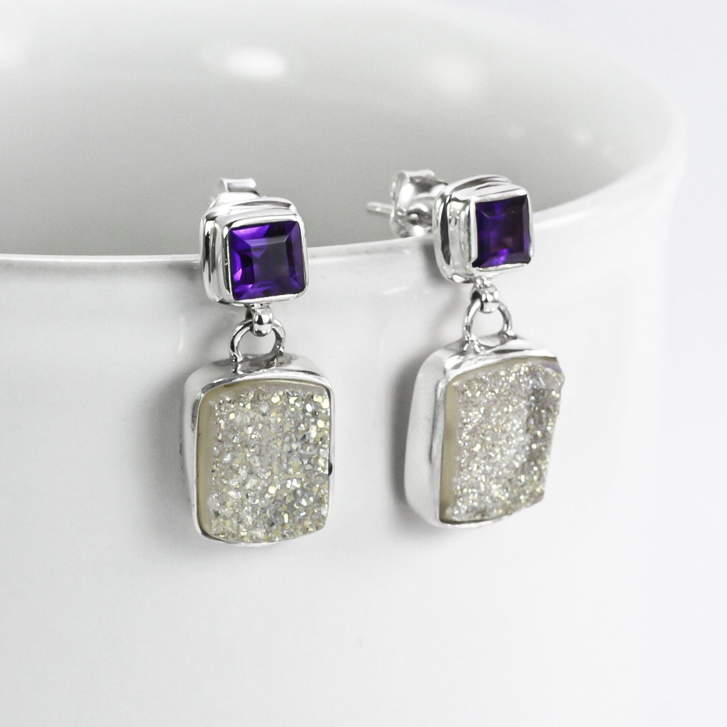 Druzy Earrings stud dangle set in 925 sterling silver with natural amethyst, two stone earrings studs