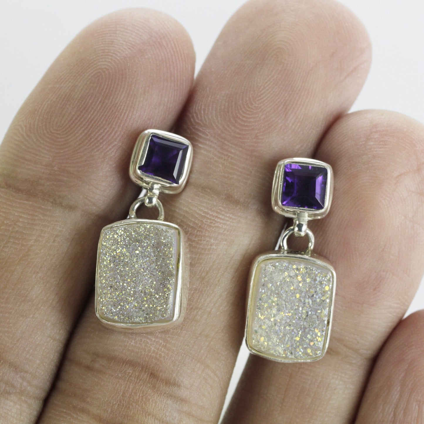 Druzy Earrings stud dangle set in 925 sterling silver with natural amethyst, two stone earrings studs
