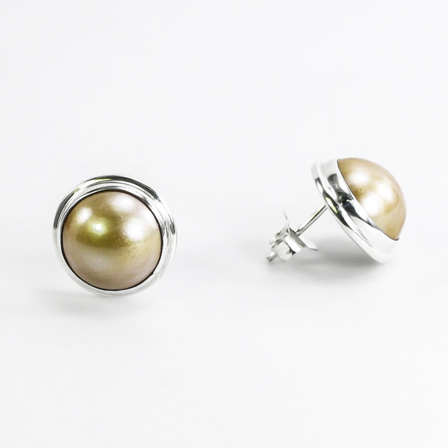 Golden Mabe Pearl stud earrings 925 sterling silver 10 mm Round double bezel set
