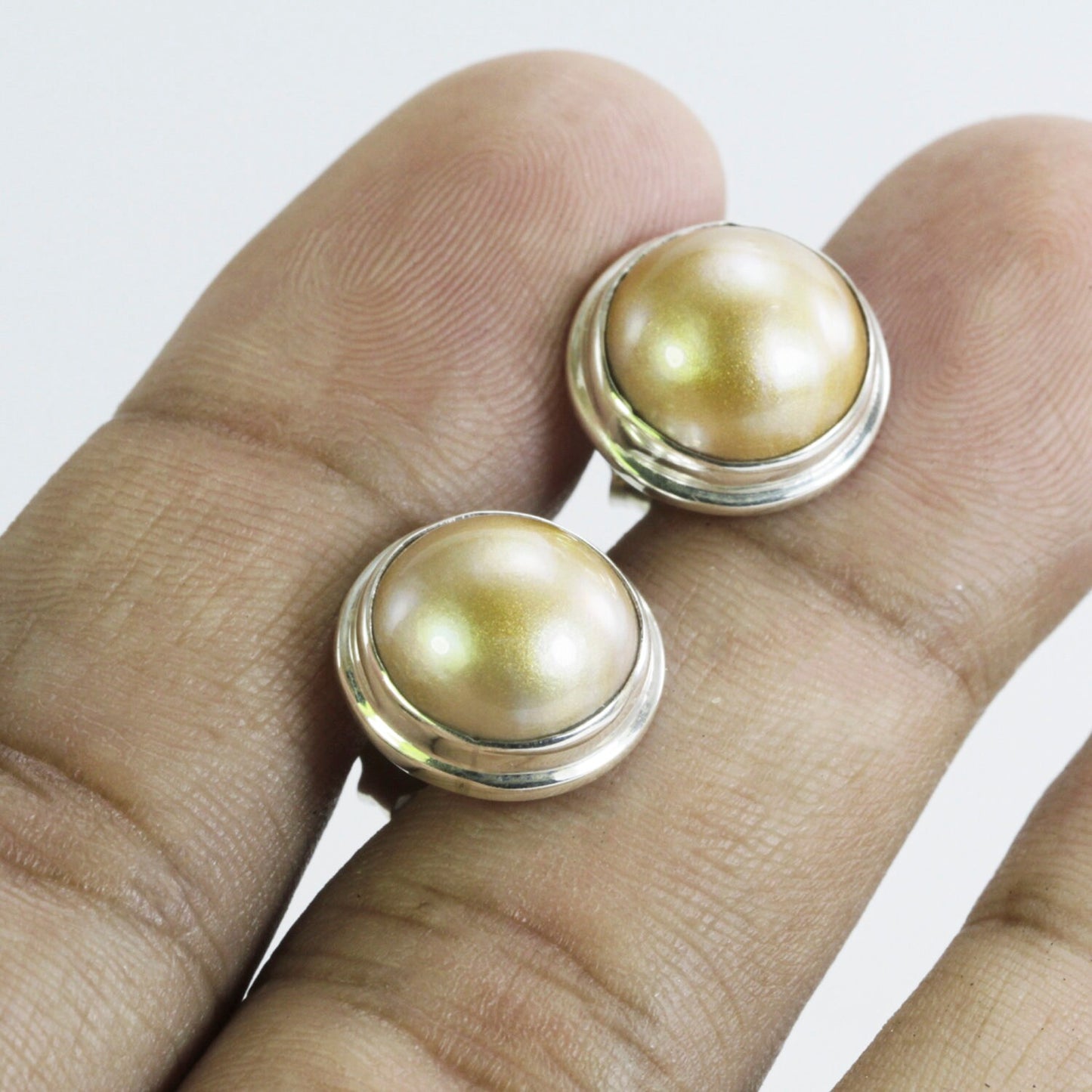 Golden Mabe Pearl stud earrings 925 sterling silver 10 mm Round double bezel set
