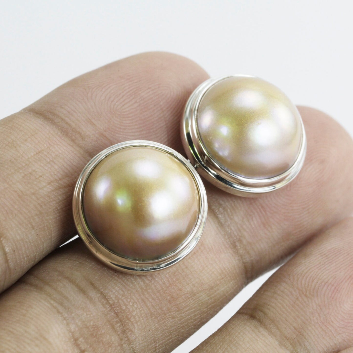 Gold Mabe Pearl stud earrings 925 sterling silver 15 mm Round double bezel set