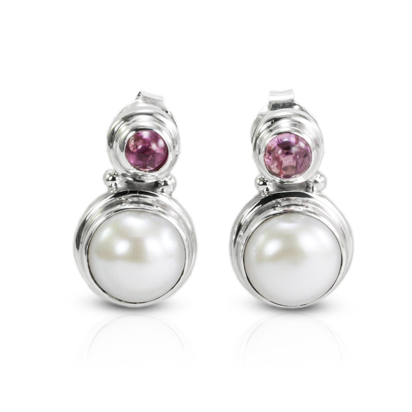 cultured pearl earrings stud fresh water set in 925 sterling silver combine with pink tourmaline