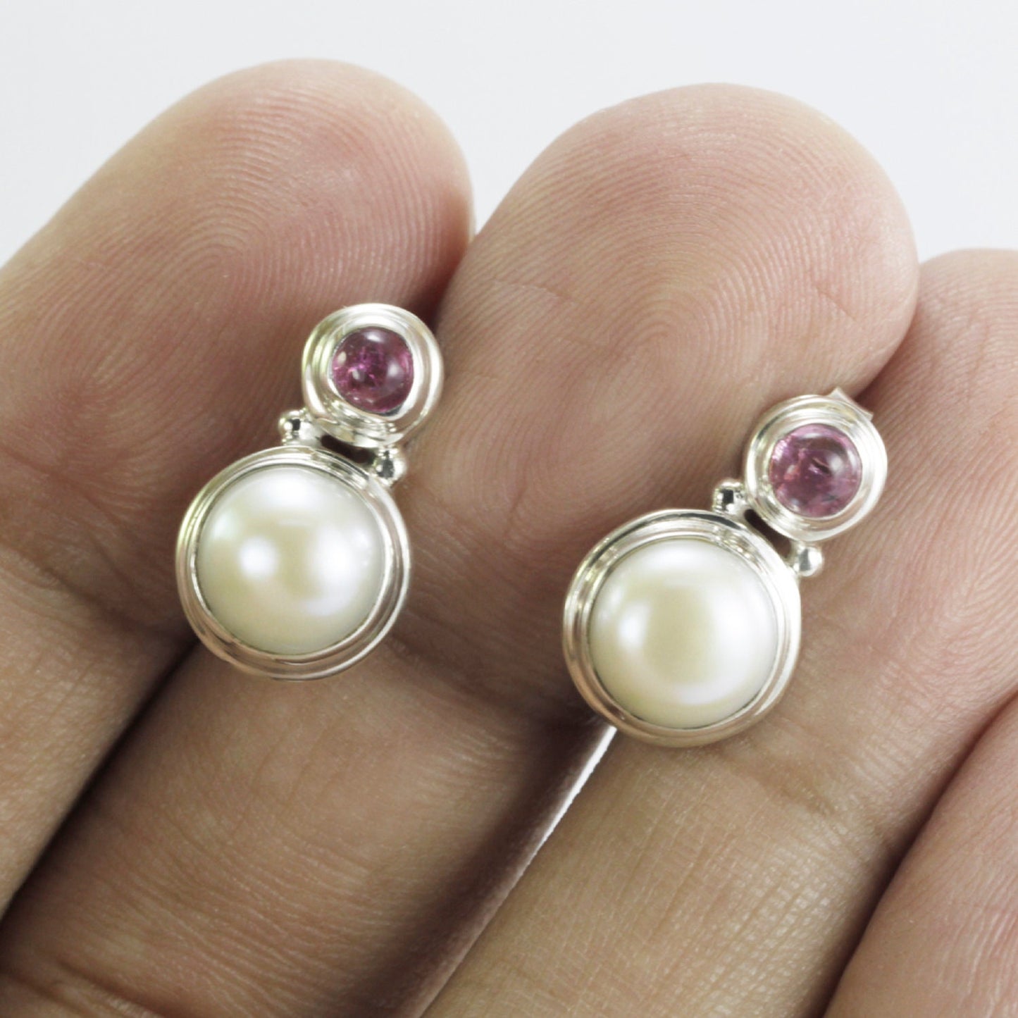 cultured pearl earrings stud fresh water set in 925 sterling silver combine with pink tourmaline