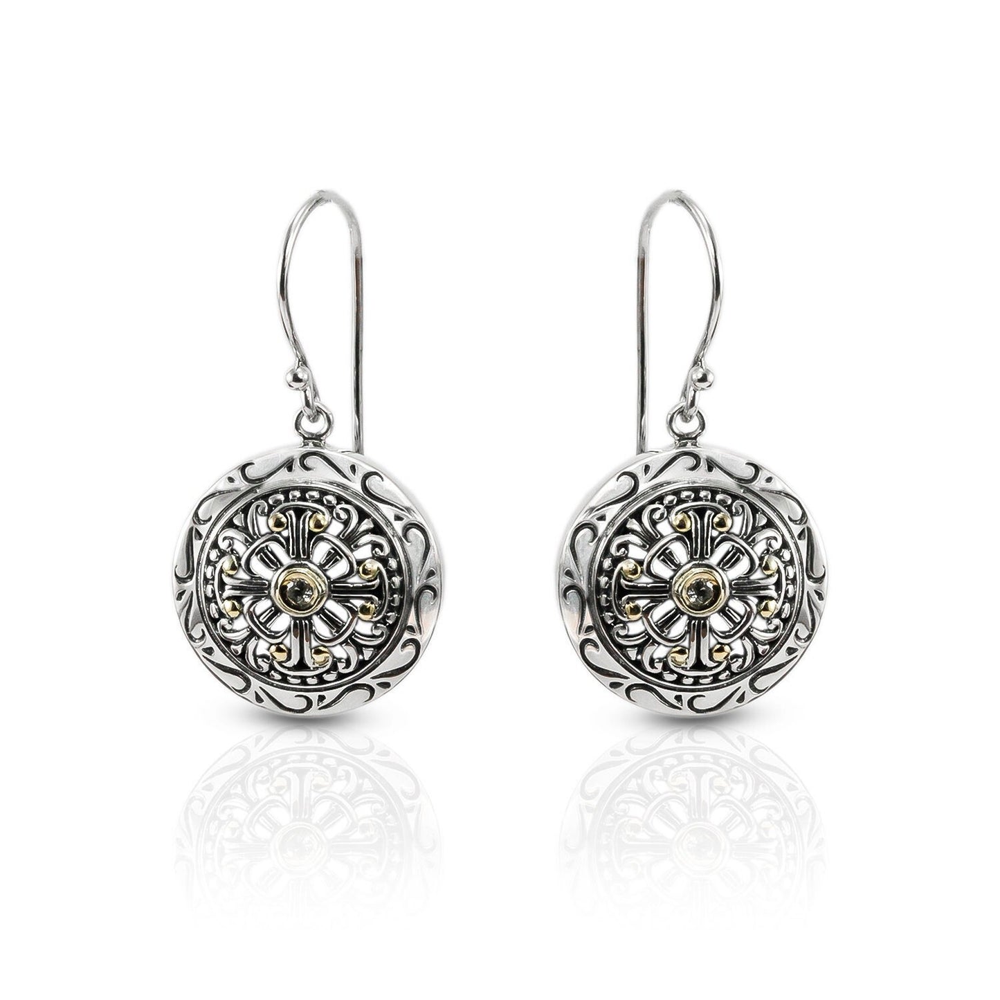 Round earrings 925 sterling silver decorated with filigree ornament and 18 K yellow gold
