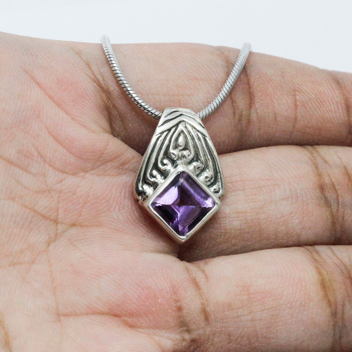 Amethyst Pendant Necklace square bezel set 925 sterling silver, 8*8 mm square amethyst