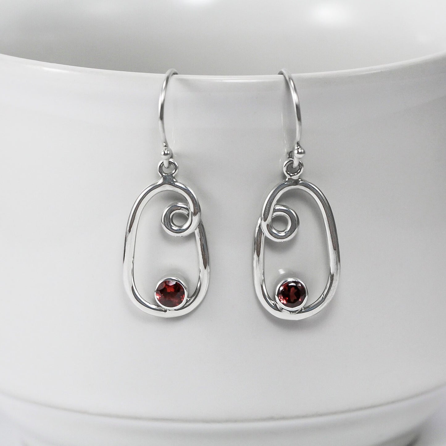 red garnet earrings 925 sterling silver with infinity swirl