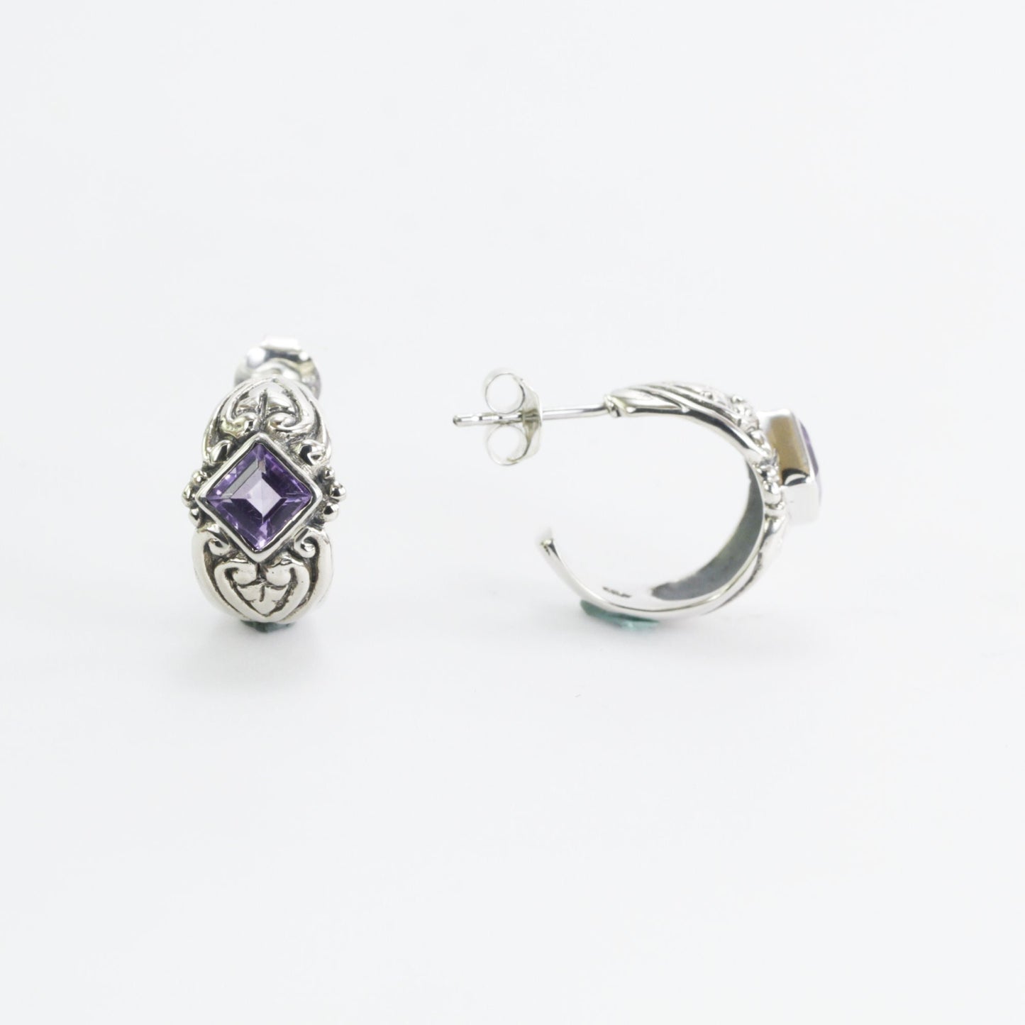 Hoops earrings 925 sterling silver with genuine amethyst