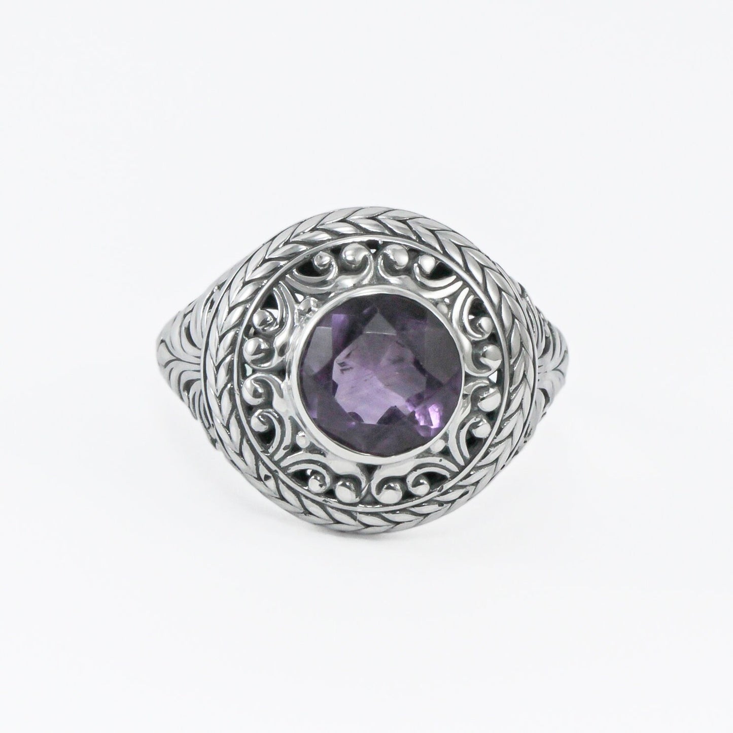 Genuine amethyst ring 925 sterling silver decorated with filigree ornament