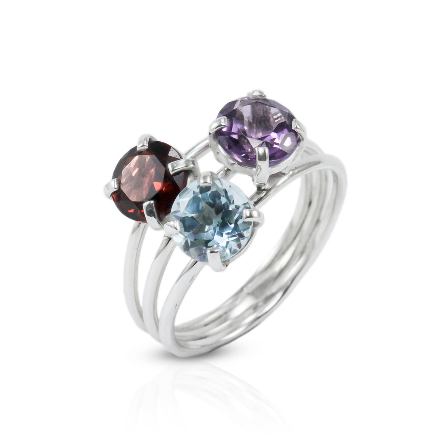 Multi stones ring set in 925 sterling silver, three stones ring
