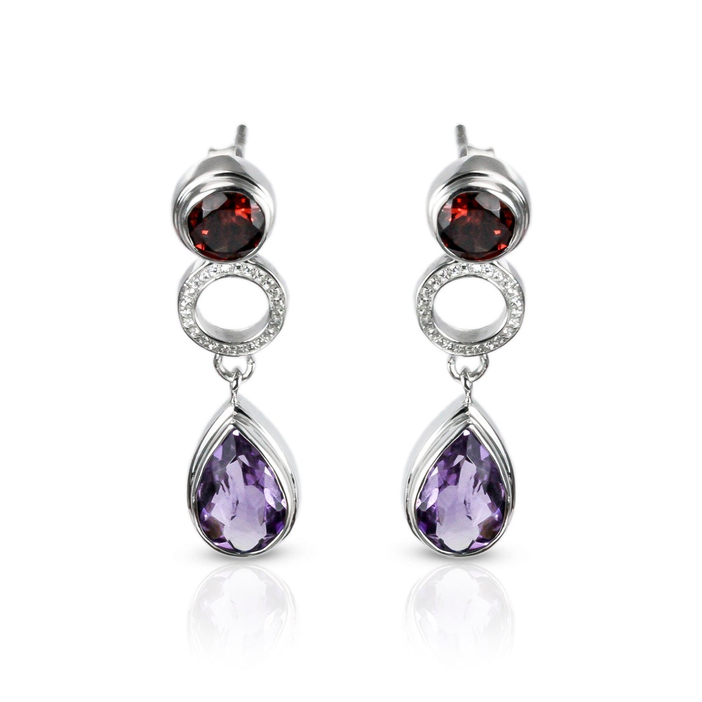 amethyst stud earrings 925 with genuine red garnet and micro setting crystal