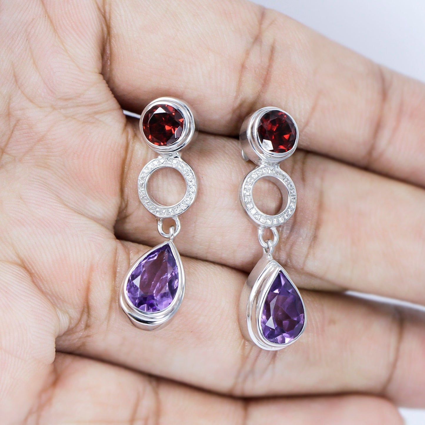 amethyst stud earrings 925 with genuine red garnet and micro setting crystal