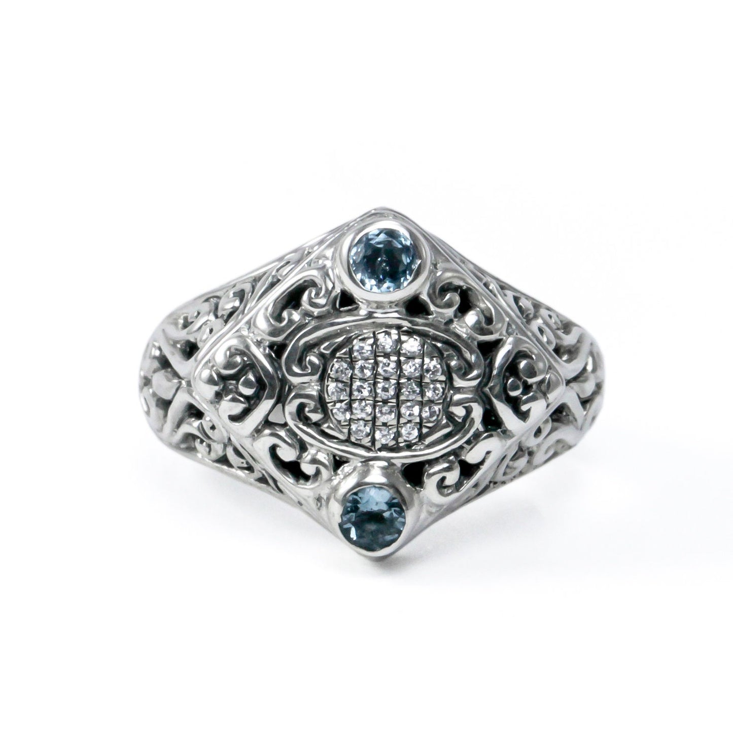 square ring 925 sterling silver with genuine blue topaz decorated with filigree ornament and white topaz