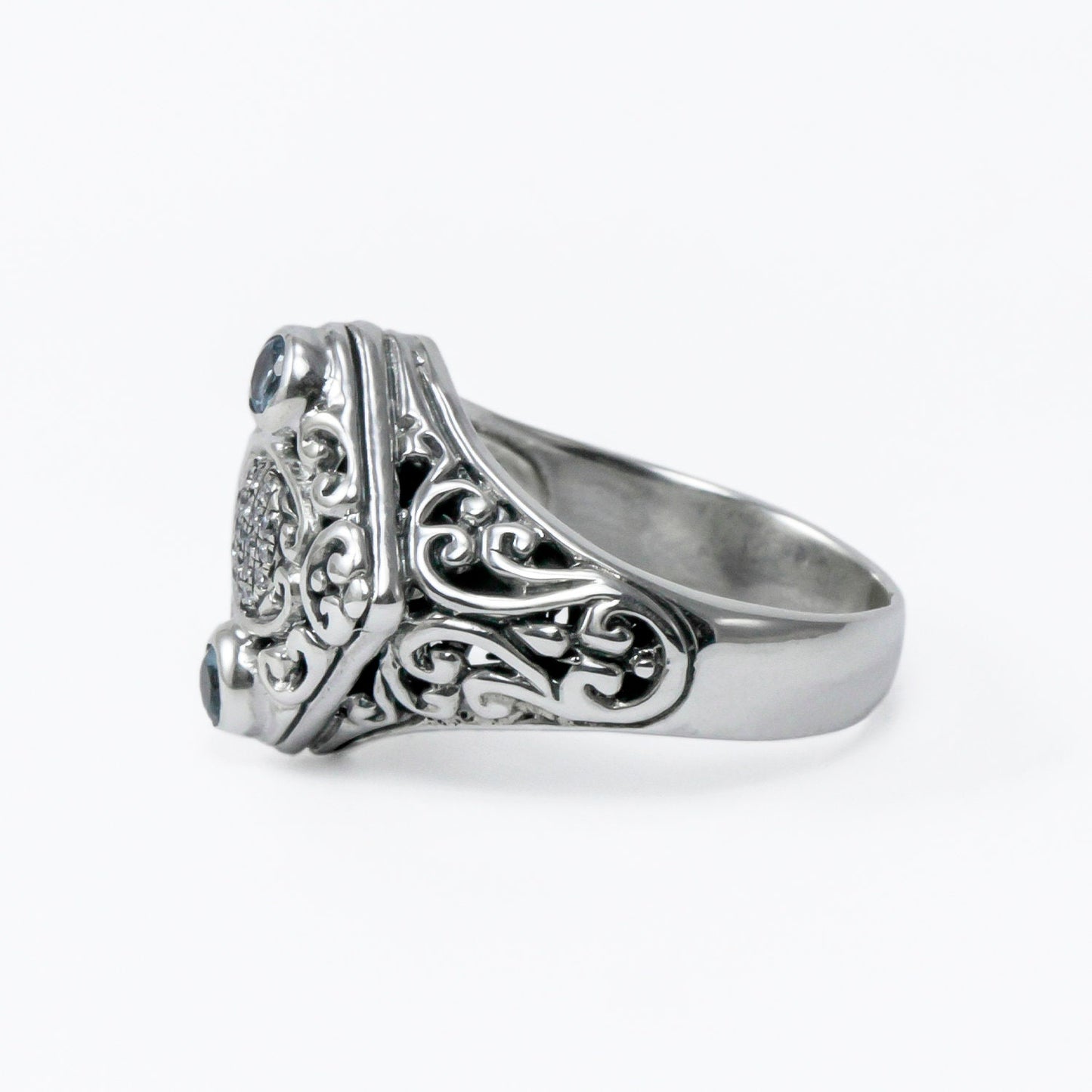 square ring 925 sterling silver with genuine blue topaz decorated with filigree ornament and white topaz