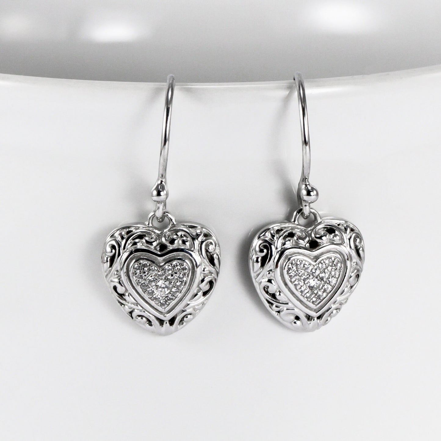 Heart shape earrings dangle drop 925 sterling silver with white topaz, open work filigree earrings
