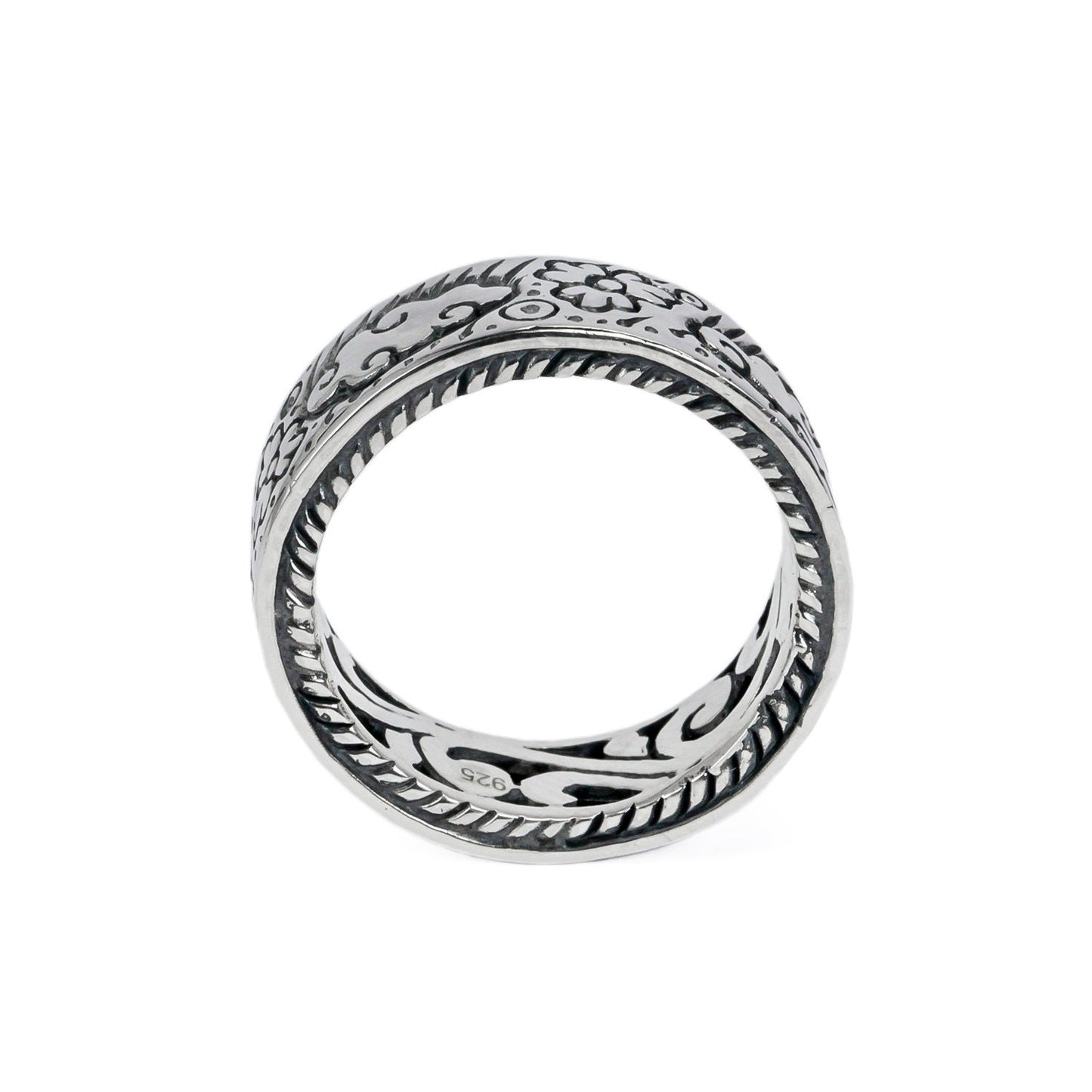 Eternity wide band ring unisex 925 sterling silver decorated with filigree ornament full side carving