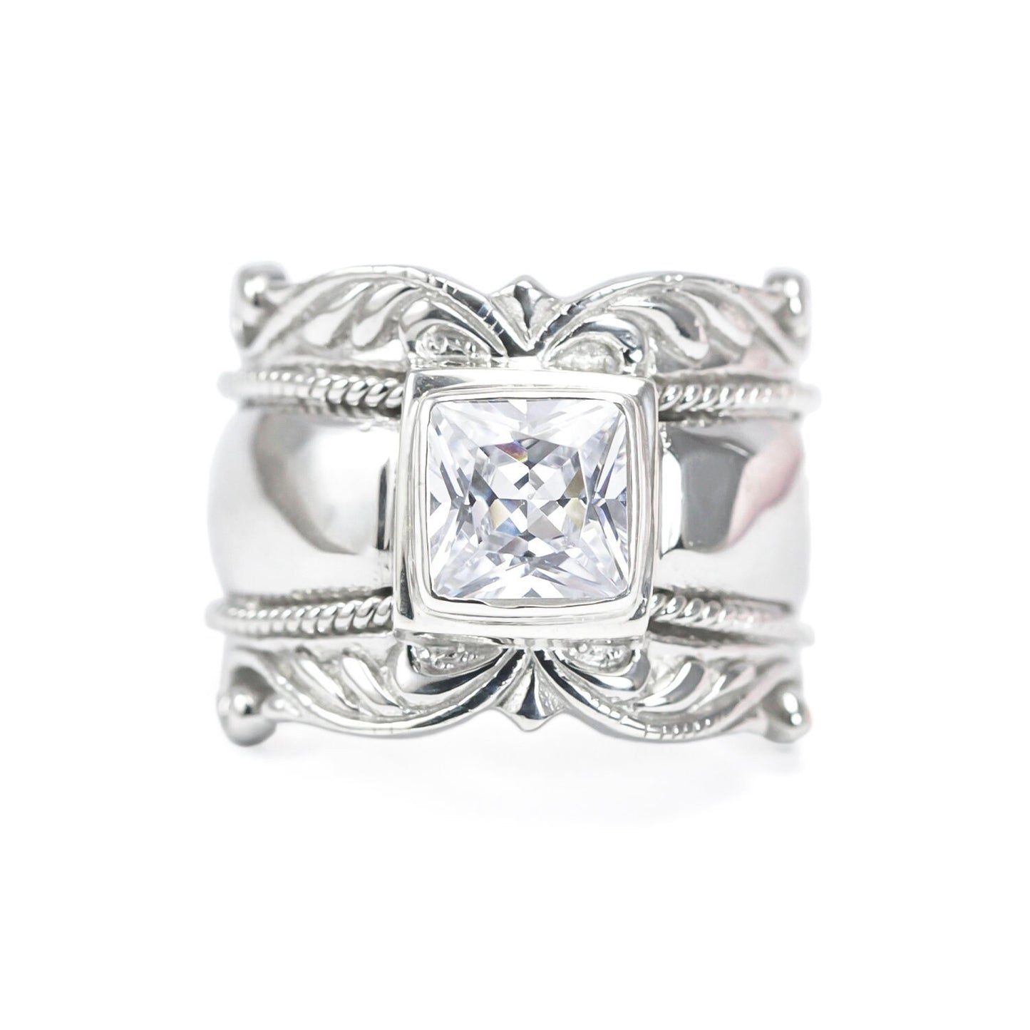 Wide band ring for women 925 sterling silver with genuine white crystal decorated with white crystal