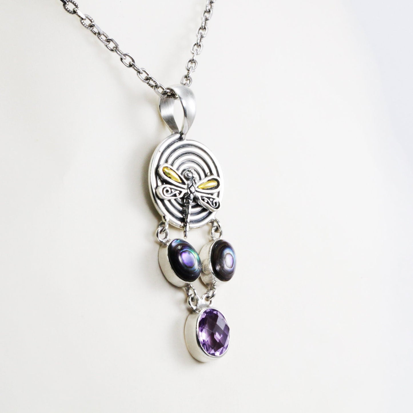Amethyst Pendant Necklace 925 sterling silver decorated with 18K yellow gold dragonfly and genuine abalone shell,