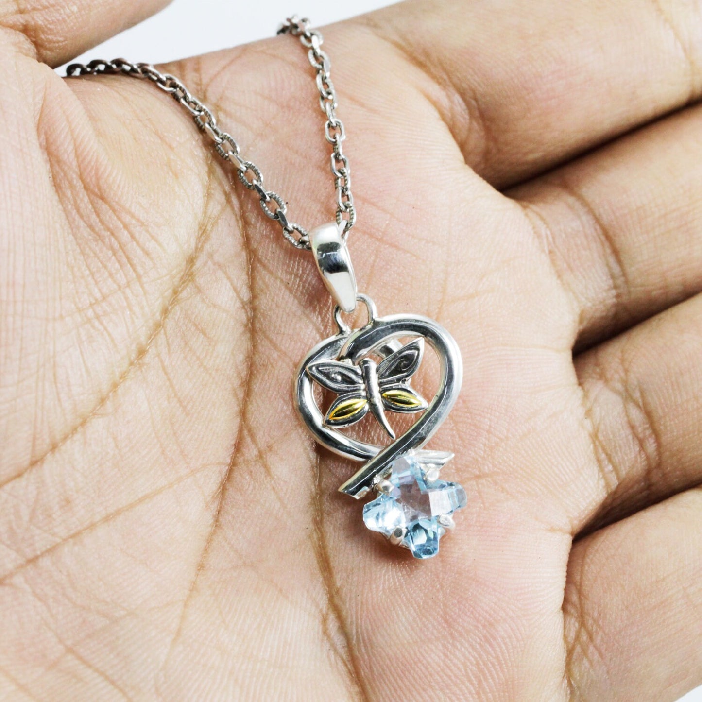Genuine blue topaz pendant necklace 925 sterling silver decorated with two tone dragonfly 18K gold