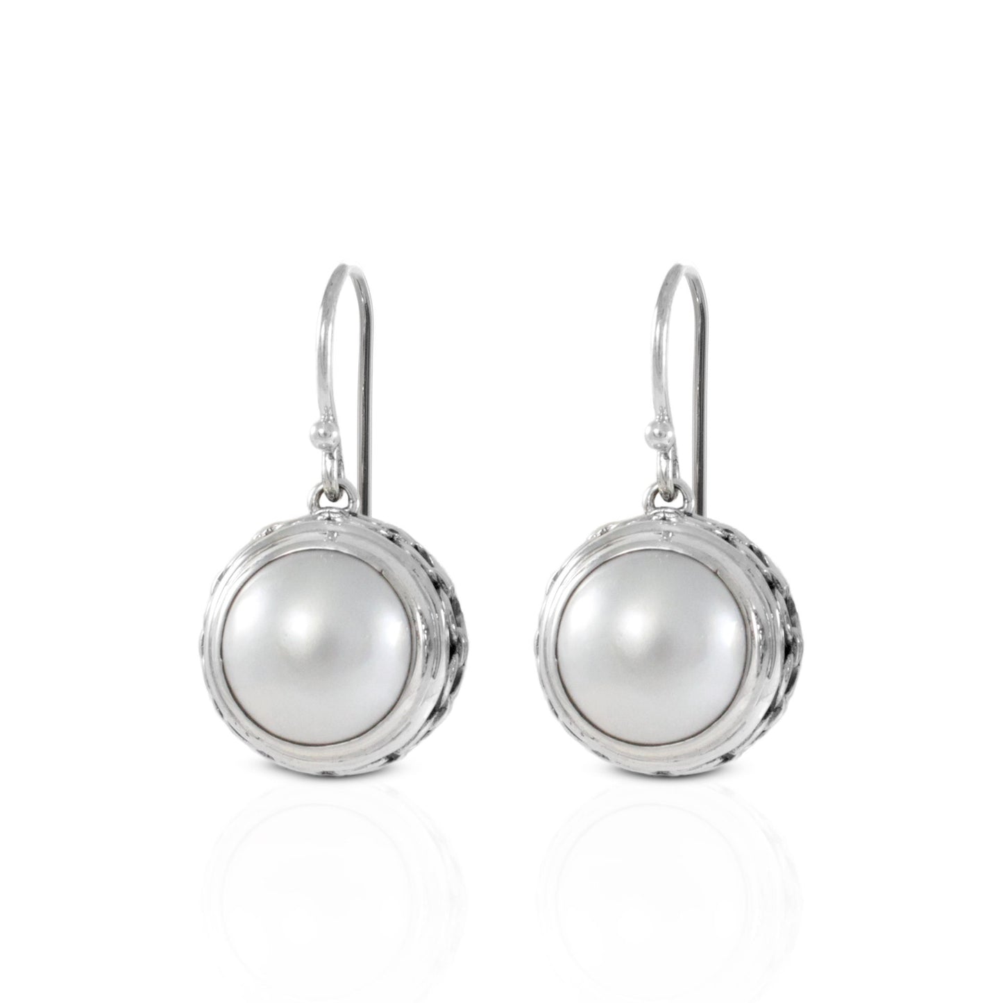Mabe pearl earrings round dangle 925 sterling silver decorated with chain carving edge