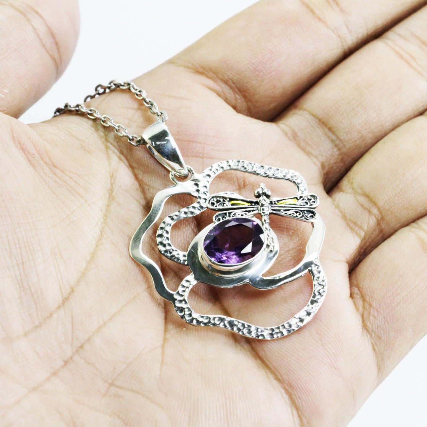 Genuine Amethyst Pendant Necklace double bezel set 925 sterling silver decorated with dragonfly 18K yellow gold, 10*13 mm oval amethyst